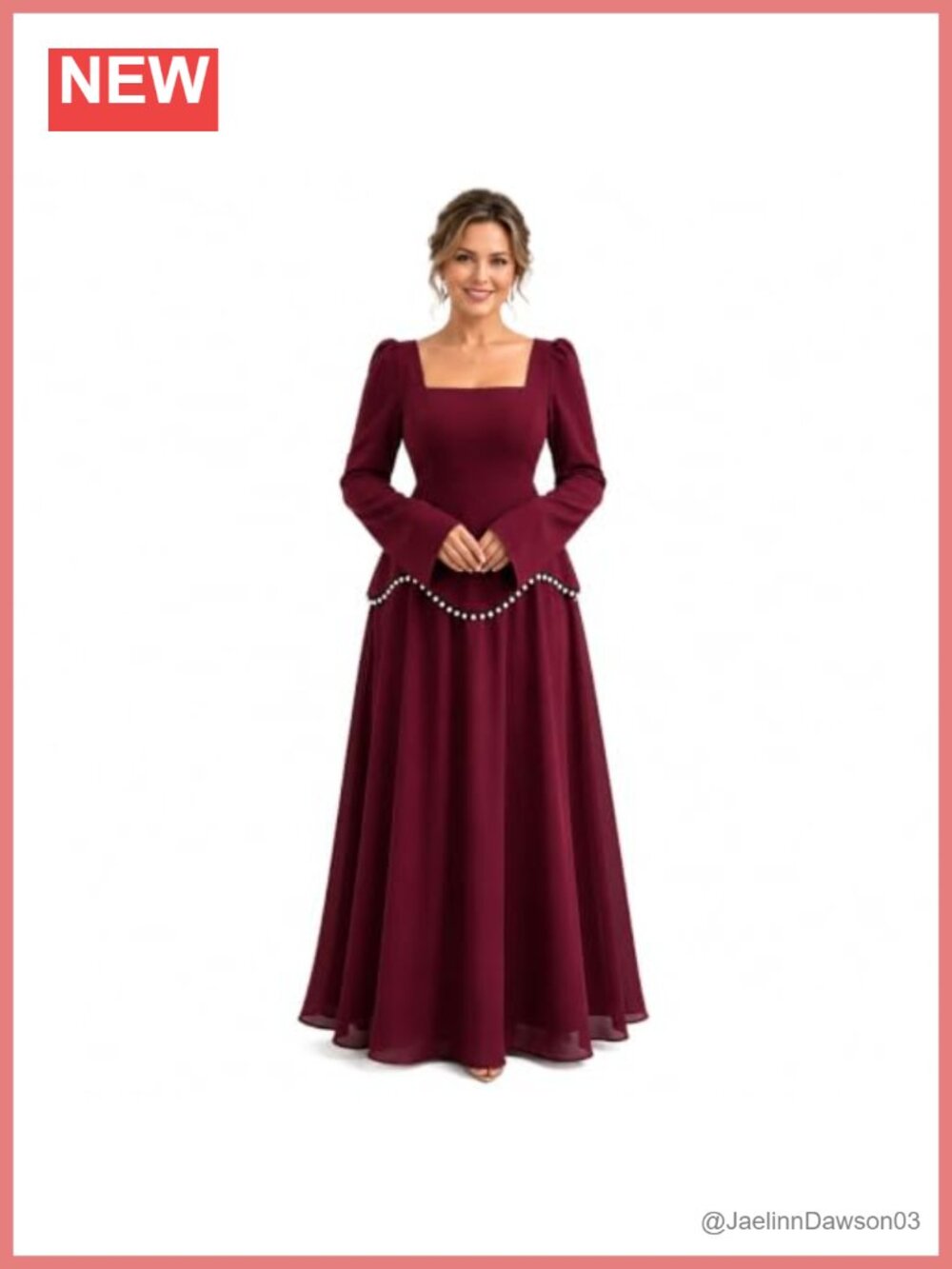 Square Neck Long Sleeve Maxi Formal Dress Pearl Waist Lined Wedding Guest